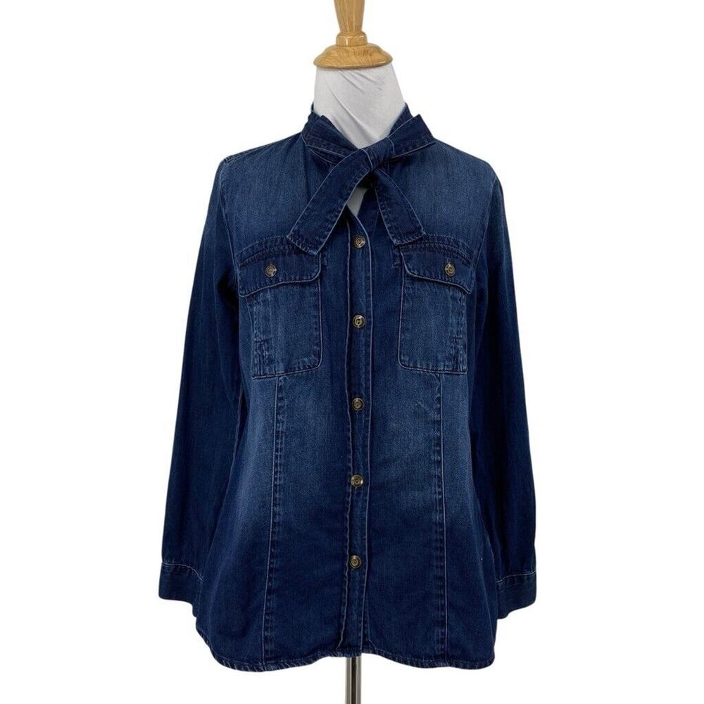 Cabi Shirt Womens XS Extra Small Chambray Waterfront Pussycat Tie Button Front
